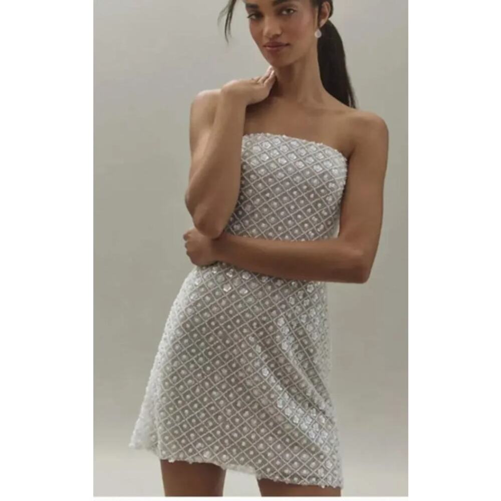 Watters Crescendo Mini Strapless Floral Beading Tulle Bow Dress Ivory Sz 14 NWT